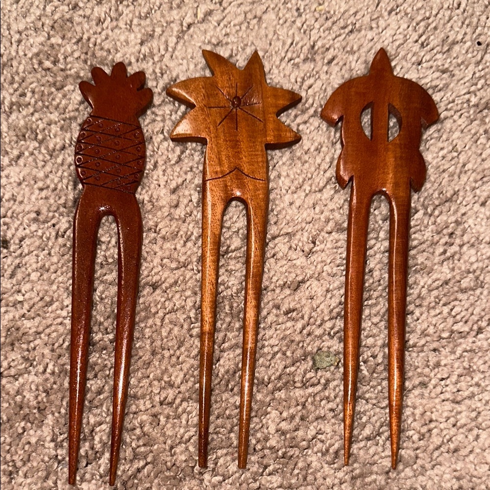 Handcrafted Wooden Hair Fork Set - Brown